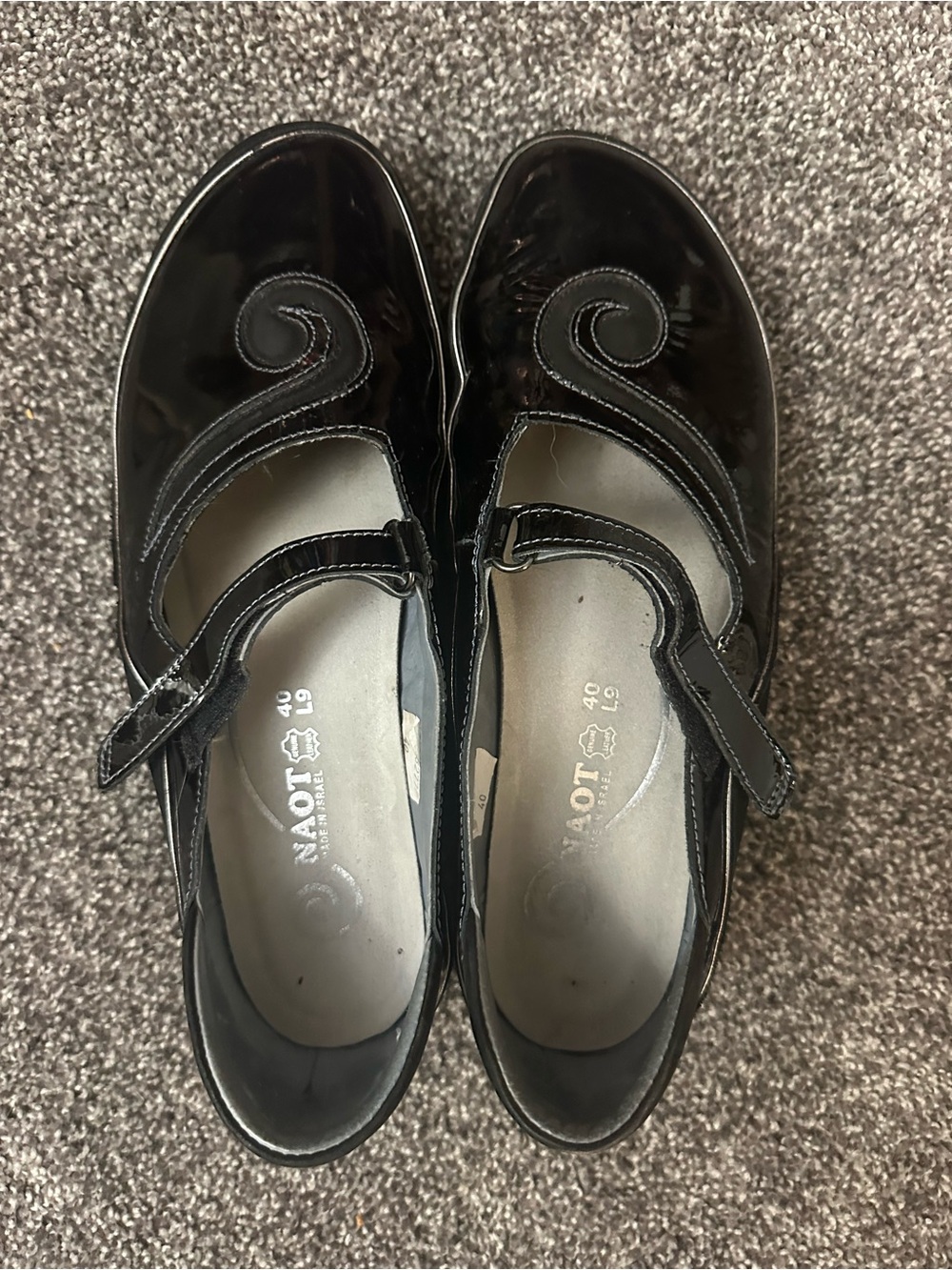 Naot Black Patent Mary Jane Loafers with Swirl Strap